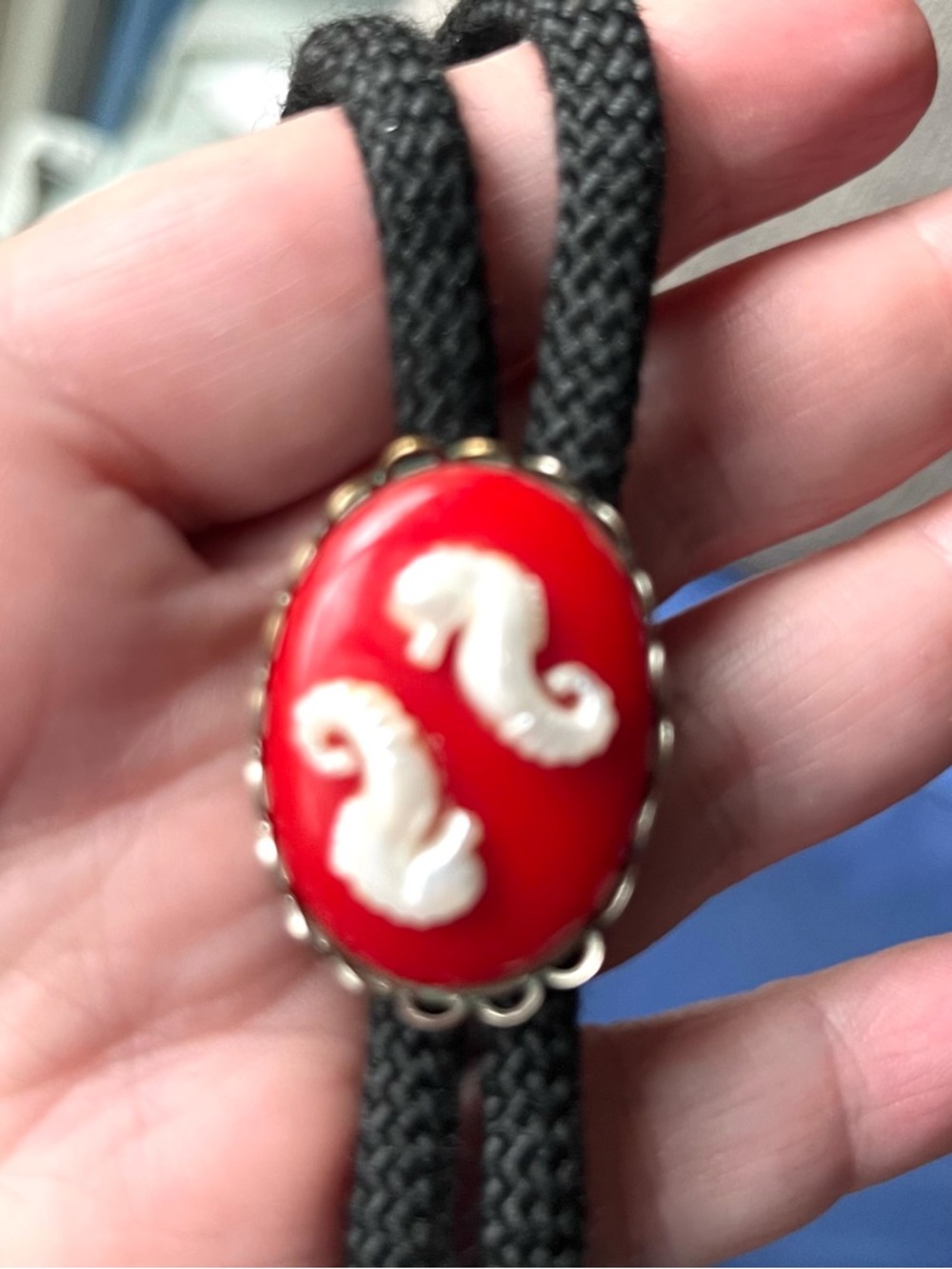 Red Bolo Tie cameo Pendant with mother of pearl baby seahorses